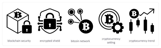 Un conjunto de 5 iconos de criptomoneda como seguridad de cadena de bloques cifrado escudo red de bitcoin