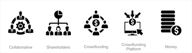Un conjunto de 5 íconos de crowdfunding como accionistas crowdfunding plataforma de crowdfunded