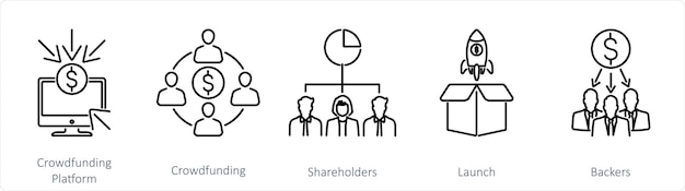 Un conjunto de 5 iconos de crowdfunding como accionistas de crowdfunding de plataforma de crowdfunding