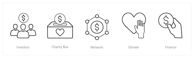 Un conjunto de 5 iconos de crowdfunding y donación como la caja de caridad de los inversores