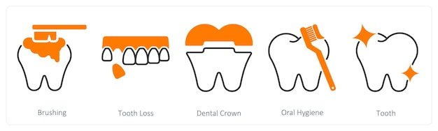 Un conjunto de 5 iconos de cuidado dental como cepillado de dientes pérdida de corona dental