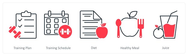 Un conjunto de 5 íconos de deportes y fitness como plan de entrenamiento horario de entrenamiento