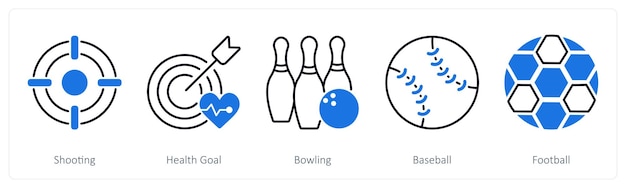 Un conjunto de 5 íconos de deportes y fitness como tiro de gol de salud boliche