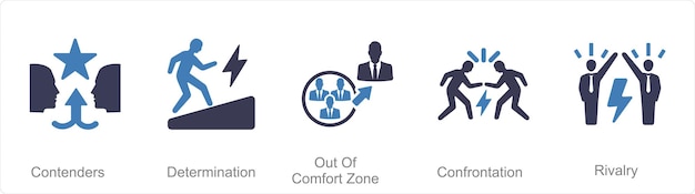 Vector un conjunto de 5 íconos de desafío como contendientes determinación fuera de la zona de confort