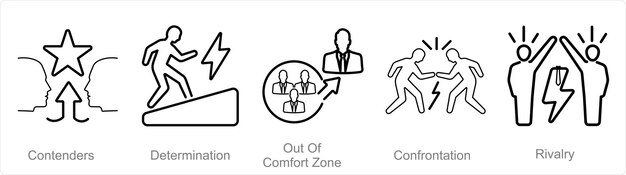 Vector un conjunto de 5 íconos de desafío como contendientes determinación fuera de la zona de confort