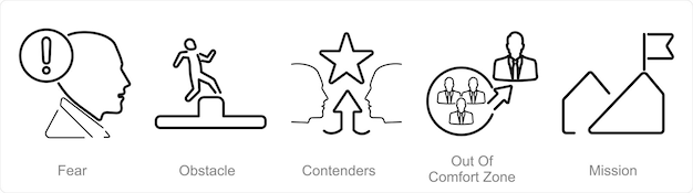 Vector un conjunto de 5 íconos de desafío como contendientes de obstáculos de miedo