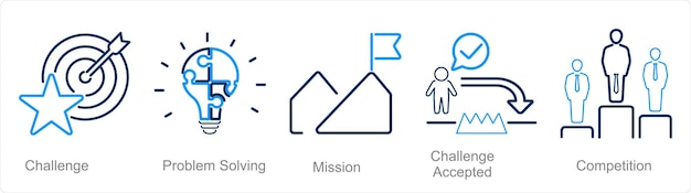 Un conjunto de 5 iconos de desafío como misión de resolución de problemas de desafío