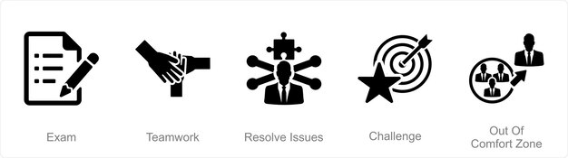 Un conjunto de 5 iconos de desafío a medida que el trabajo en equipo del examen resuelve los problemas