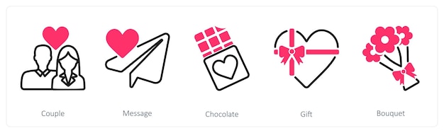 Un conjunto de 5 iconos del día de San Valentín como chocolate de mensaje de pareja