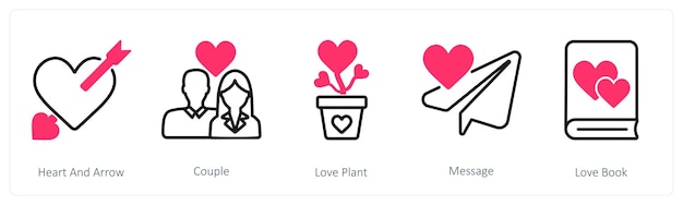 Un conjunto de 5 iconos del día de San Valentín como corazón y flecha pareja planta de amor