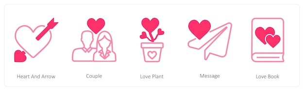 Un conjunto de 5 iconos del día de San Valentín como corazón y flecha pareja planta de amor