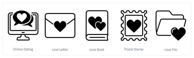 Un conjunto de 5 íconos del día de San Valentín como libro de cartas de amor de citas en línea
