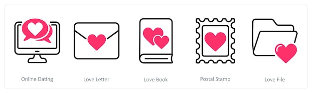 Un conjunto de 5 íconos del día de San Valentín como libro de cartas de amor de citas en línea