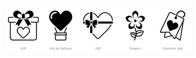 Un conjunto de 5 iconos del día de San Valentín como regalo de globo de aire caliente