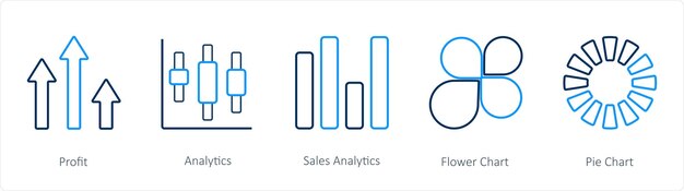 Un conjunto de 5 iconos de diagramas e informes, como el análisis de ganancias y el análisis de ventas