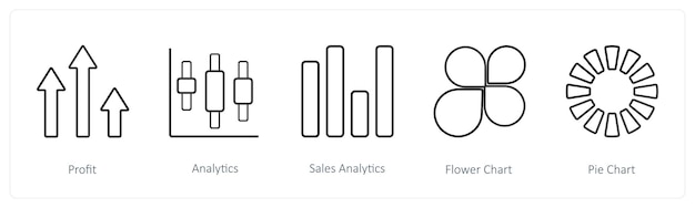 Un conjunto de 5 iconos de diagramas e informes, como el análisis de ganancias y el análisis de ventas