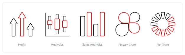 Un conjunto de 5 iconos de diagramas e informes, como el análisis de ganancias y el análisis de ventas