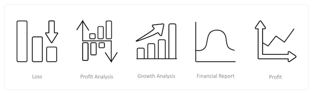 Un conjunto de 5 iconos de diagramas e informes, como el análisis de pérdidas y ganancias