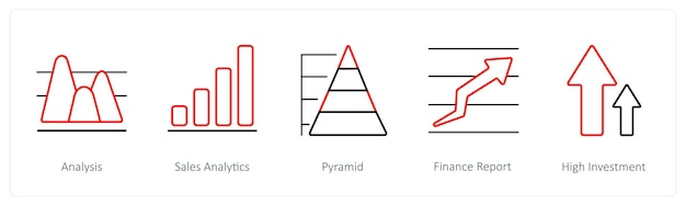 Un conjunto de 5 iconos de diagramas e informes, como el análisis de ventas y análisis