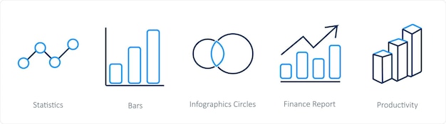 Un conjunto de 5 iconos de diagramas e informes, como barras de estadísticas, círculos infográficos