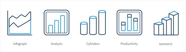 Un conjunto de 5 íconos de diagramas e informes, como cilindros de análisis de Infograph