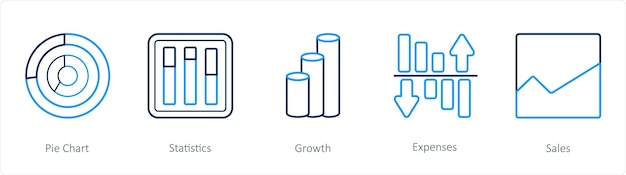 Un conjunto de 5 iconos de diagramas e informes, como el crecimiento de las estadísticas del gráfico de pasteles