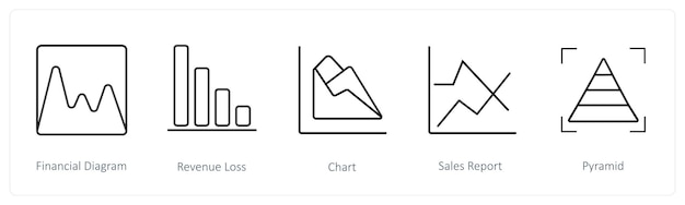 Un conjunto de 5 iconos de diagramas e informes, como el diagrama financiero de pérdidas de ingresos