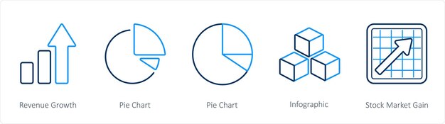 Un conjunto de 5 íconos de diagramas e informes, como un gráfico circular de crecimiento de ingresos