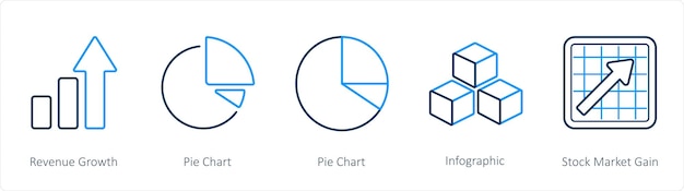 Un conjunto de 5 iconos de diagramas e informes, como el gráfico de crecimiento de ingresos