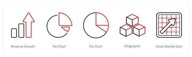 Un conjunto de 5 iconos de diagramas e informes, como el gráfico de crecimiento de ingresos