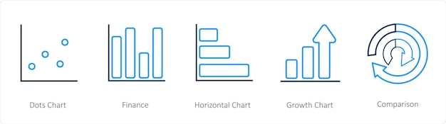 Un conjunto de 5 iconos de diagramas e informes, como el gráfico horizontal de finanzas del gráfico de puntos
