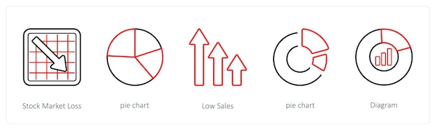 Un conjunto de 5 iconos de diagramas e informes, como el gráfico de pérdidas en el mercado de valores