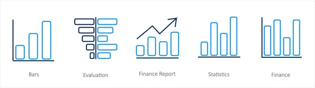 Un conjunto de 5 íconos de diagramas e informes, como el informe financiero de evaluación de barras