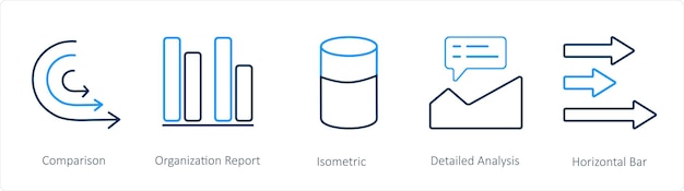 Un conjunto de 5 iconos de diagramas e informes, como el informe de la organización de comparación