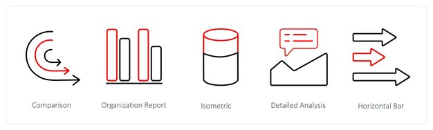 Un conjunto de 5 iconos de diagramas e informes, como el informe de la organización de comparación