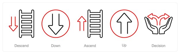 Un conjunto de 5 iconos de dirección como descender abajo ascender