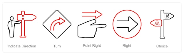 Vector un conjunto de 5 iconos de dirección como indican dirección punto de giro a la derecha