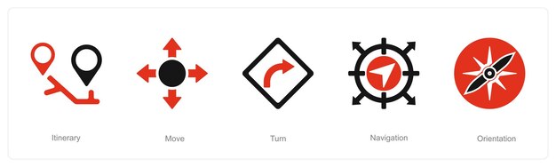 Un conjunto de 5 iconos de dirección como itinerario de movimiento de vuelta