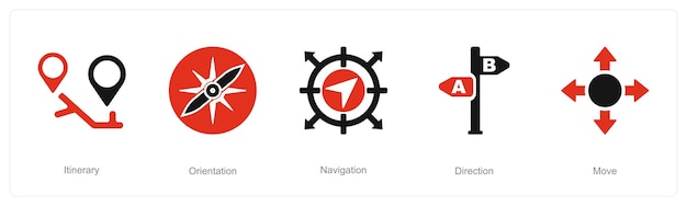 Un conjunto de 5 iconos de dirección como navegación de orientación de itinerario