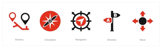 Vector un conjunto de 5 iconos de dirección como navegación de orientación de itinerario
