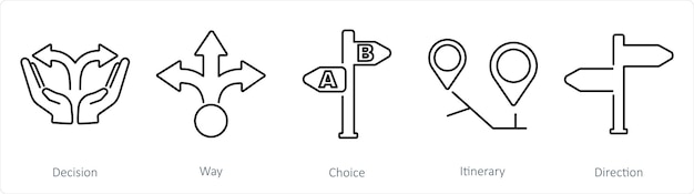 Un conjunto de 5 iconos de dirección como opción de camino de decisión