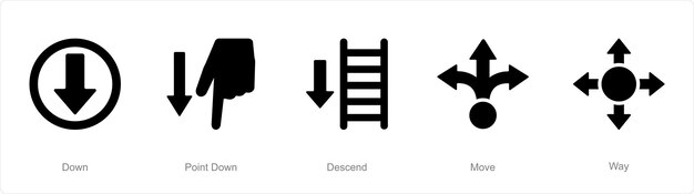Un conjunto de 5 iconos de dirección a medida que el punto hacia abajo desciende