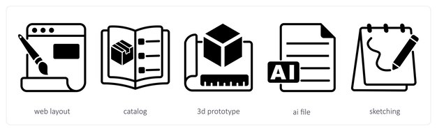 Un conjunto de 5 iconos de diseño como catálogo de diseño web prototipo 3D