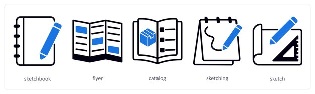 Un conjunto de 5 iconos de diseño como catálogo de folletos de bocetos