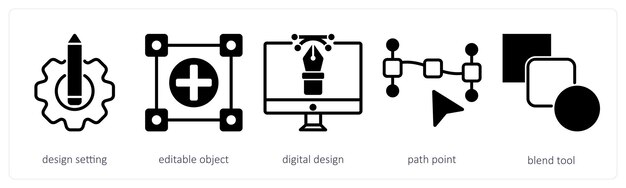 Un conjunto de 5 iconos de diseño como configuración de diseño de diseño digital de objetos editables