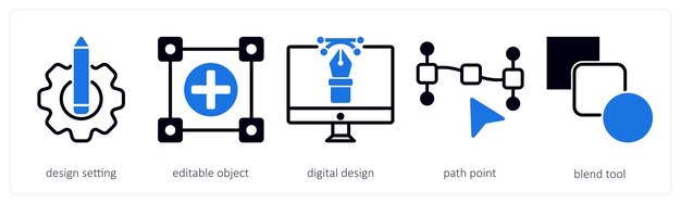 Un conjunto de 5 iconos de diseño como configuración de diseño de diseño digital de objetos editables