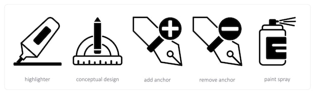 Un conjunto de 5 iconos de diseño como destacador diseño conceptual añadir ancla