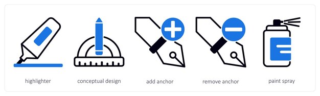 Un conjunto de 5 iconos de diseño como destacador diseño conceptual añadir ancla