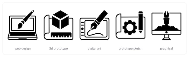 Un conjunto de 5 iconos de diseño como diseño web prototipo 3D de arte digital