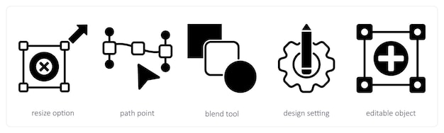 Un conjunto de 5 iconos de diseño como herramienta de mezcla de puntos de ruta de opción de cambio de tamaño